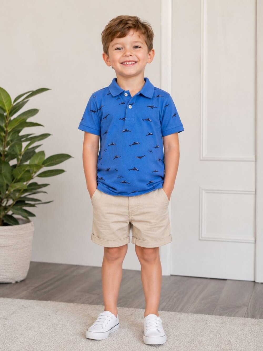 Copper Denim Boys Blue Polo Shirt Whale Print Size 5 100% Cotton Short Sleeve